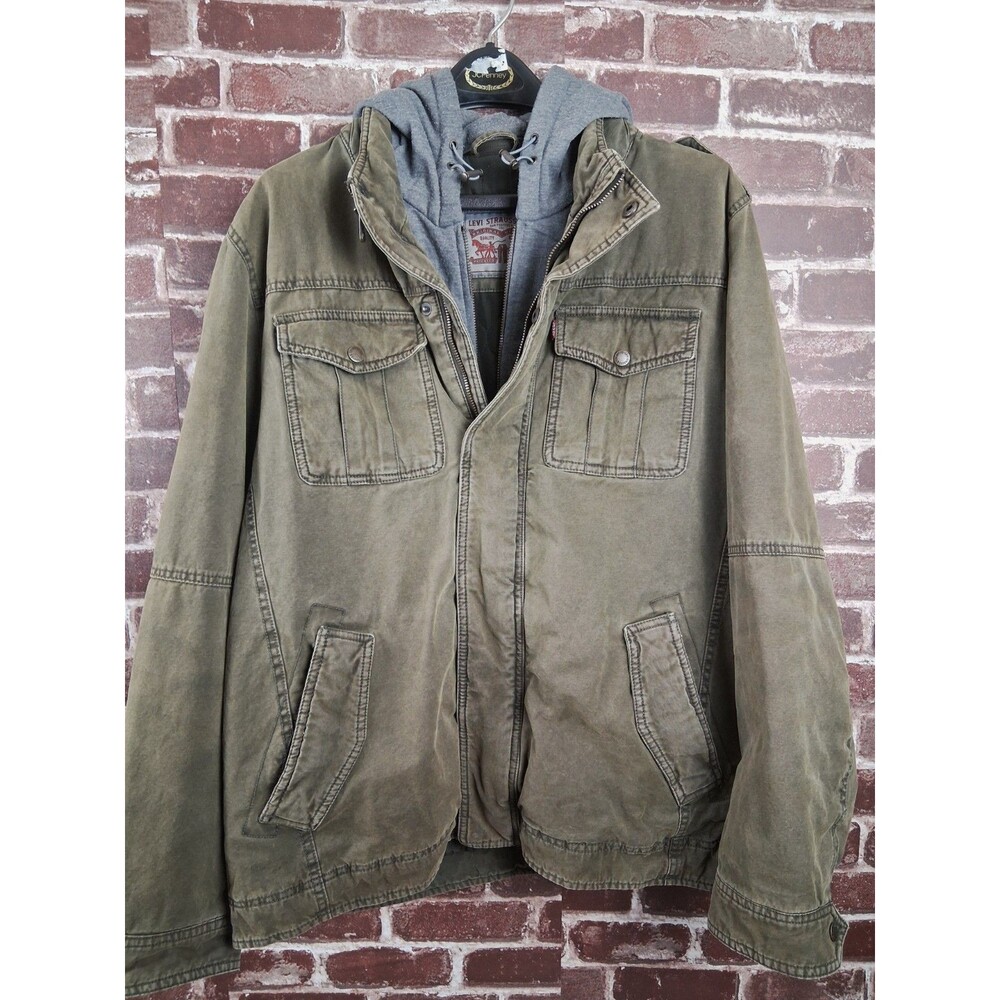 VINTAGE Levis Jacket Mens L Green Hooded Heavyweight 2 Zippers Quilted Lined